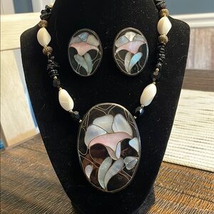Vintage LEE SANDS  Floral Jewelry Set with Pink and Silver SHELL INLAY